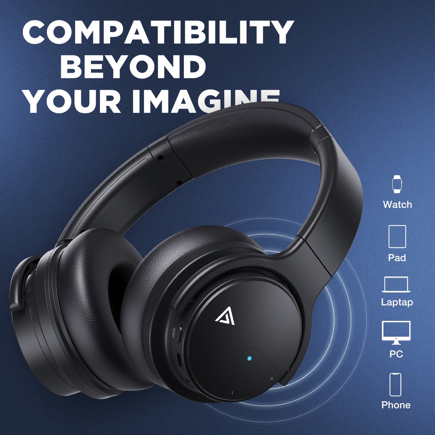 Active Noise Cancelling, Wireless Over Ear Headphones, 20H Playtime, Rich Deep Bass